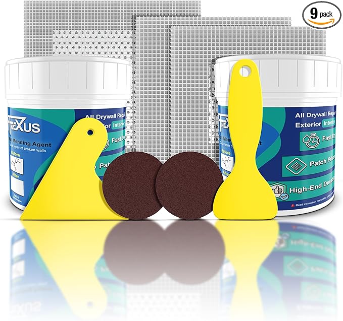 Drywall Repair Kit – 2×240g Putty Jars with 2×2″ & 4×4″ Wall Patch Mesh, Small & Large Scrapers & 2 x P180 Sandpapers | Quick-Dry Spackle & Sheetrock Crack Filler for Wall, Ceiling & Plaster Repair