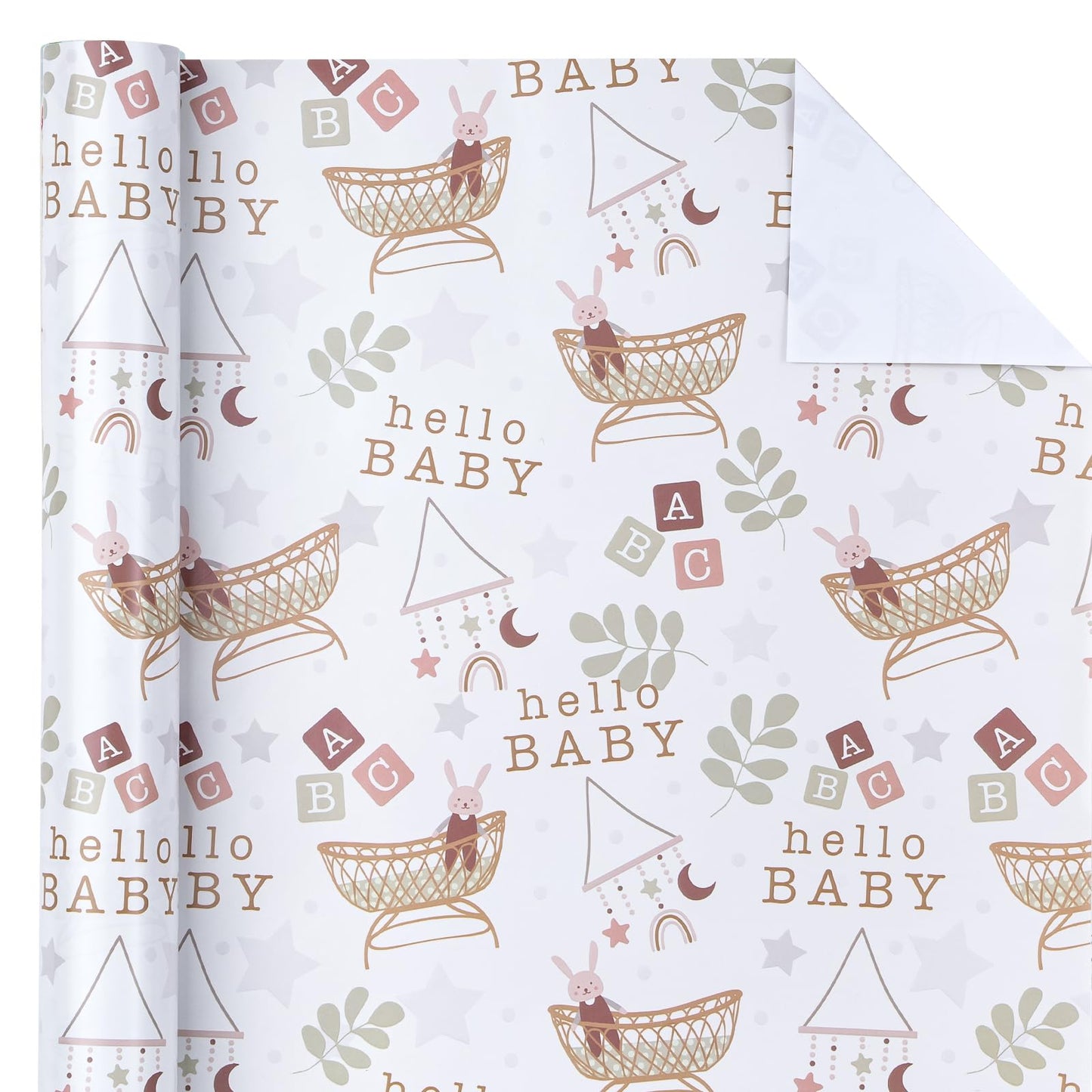 WRAPAHOLIC Jumbo Baby Shower Wrapping Paper - 30 Inch x 33 Feet - Hello Baby and Rabbit in Bassinet Design for Neutral Baby Shower, Boys Girls Kids Birthday