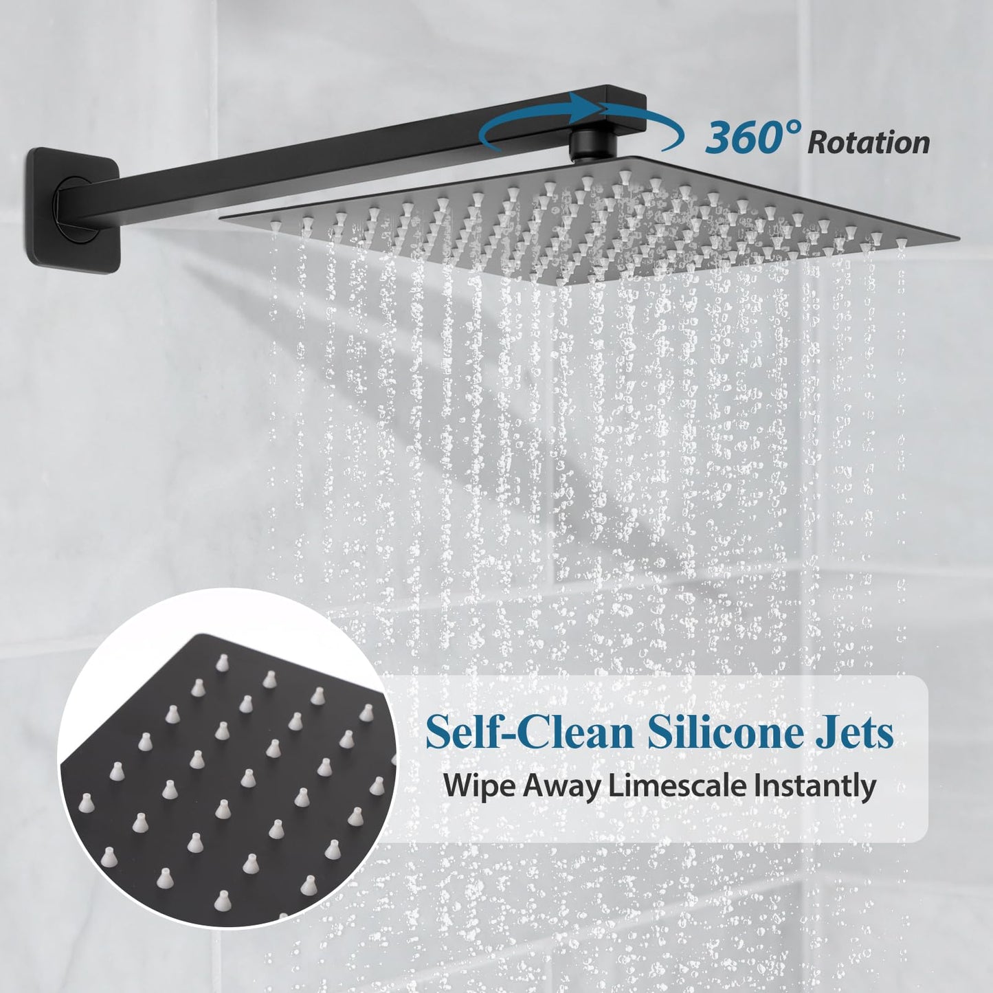 12 inch Square Shower Head and Handheld Set, Gasecoet Shower System with Tub Spout Wall Mounted Shower Faucet for Bathroom - Matte Black (With Shower Valve)