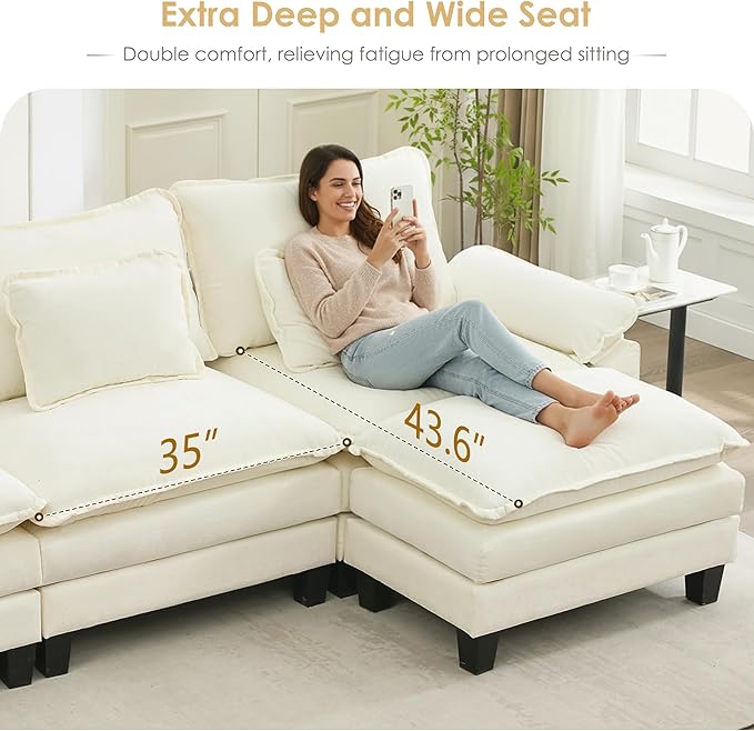 URRED Cloud Couch Modular Sectional Sofa, 122'' Modern L Shaped Deep Seat Sofa with Ottoman & Pillows, Ultra Comfy Chenille Couches for Living Room, Bedroom or Apartment, White | Chenille Fabric, Skin Friendly, Breathable, Ergonomic Design, Flexible Mo...