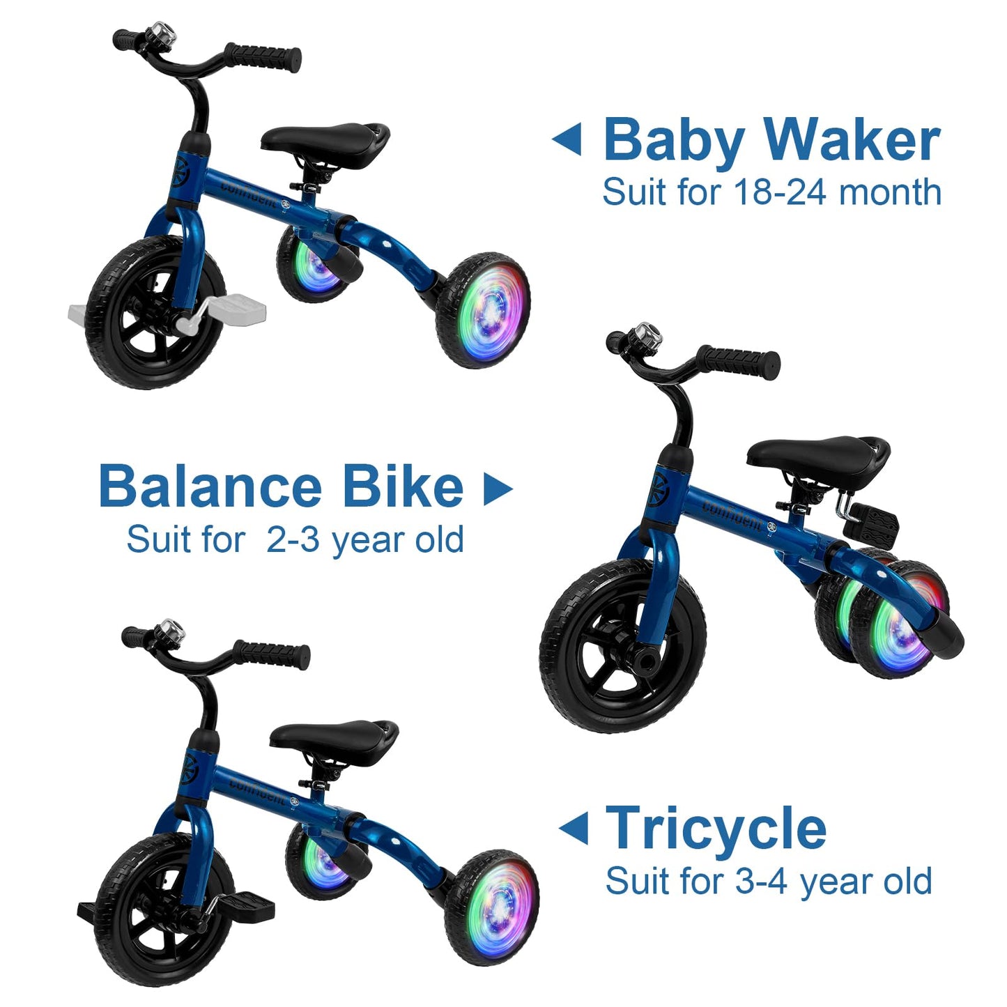 YGJT 3 in 1 Lighting Tricycle for Toddlers Age 2-5 Years Old, Folding Kids Balance Bike with Adjustable Seat and Removable Pedal, Toddler Bike Ride-on Toys for Infant, Gifts for Baby Boys Girls(Blue)