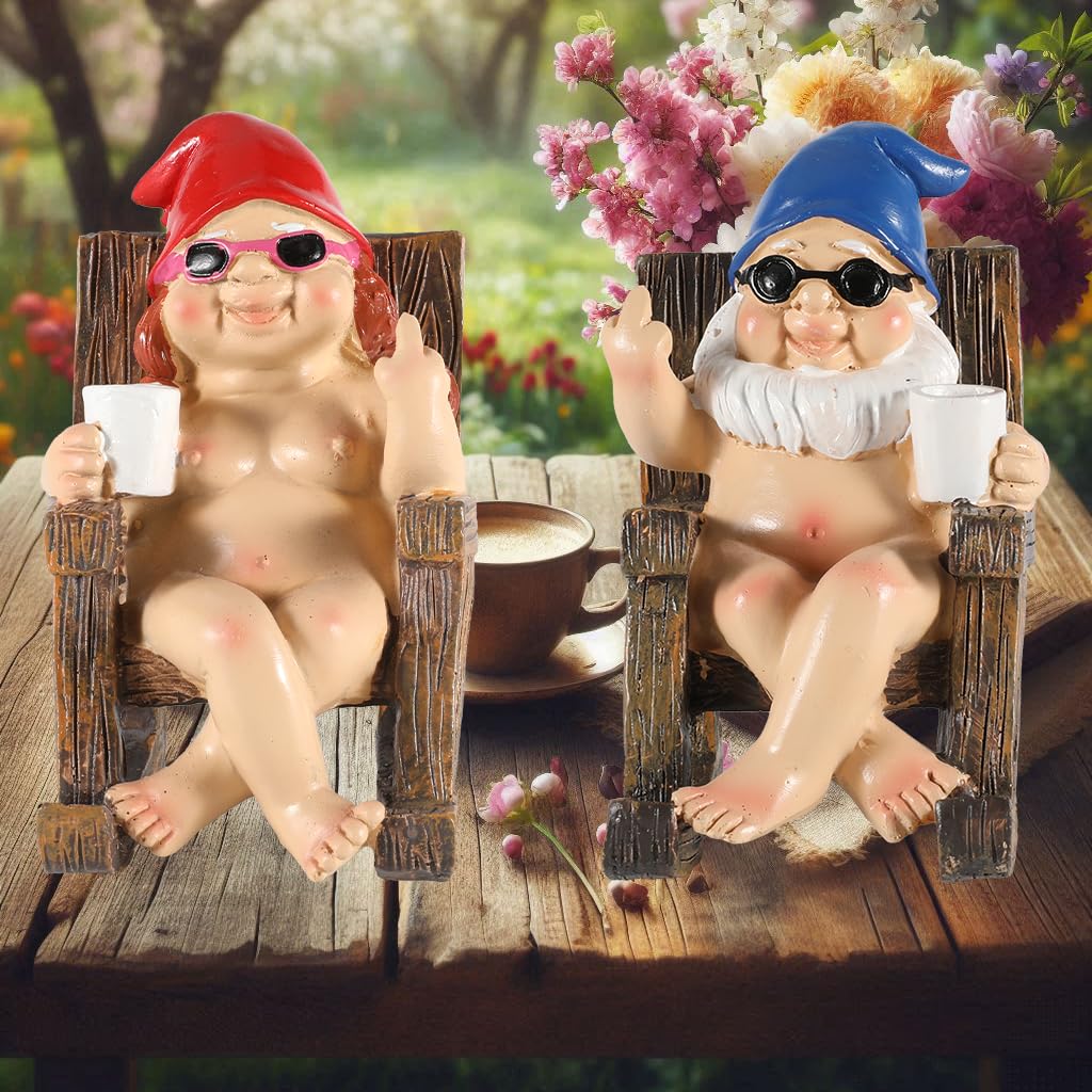 Funny Naked Gnomes Set – Durable Resin Miniature Fairy Garden Gnomes Perfect for Indoor and Outdoor Decor - Middle Finger Gifts - Naughty Gifts for Women Man (Rectangular)