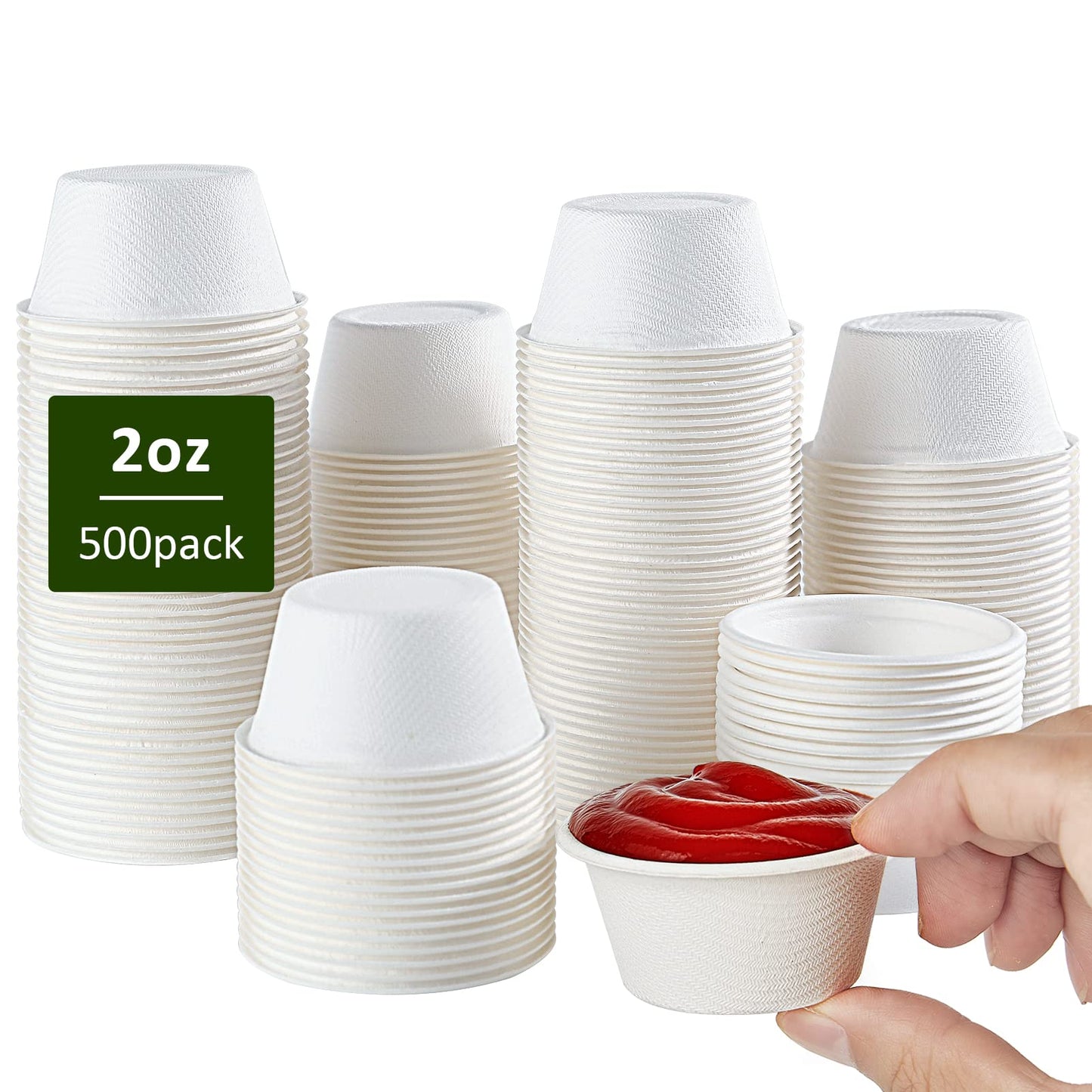 Vplus 500 Pack 2 OZ Disposable Souffle Cups, 100% Compostable Portion Cups, Made From Bagasse Fibe, Perfect For Dips, Food Sample, Jams, Honey, Sauces, Nuts