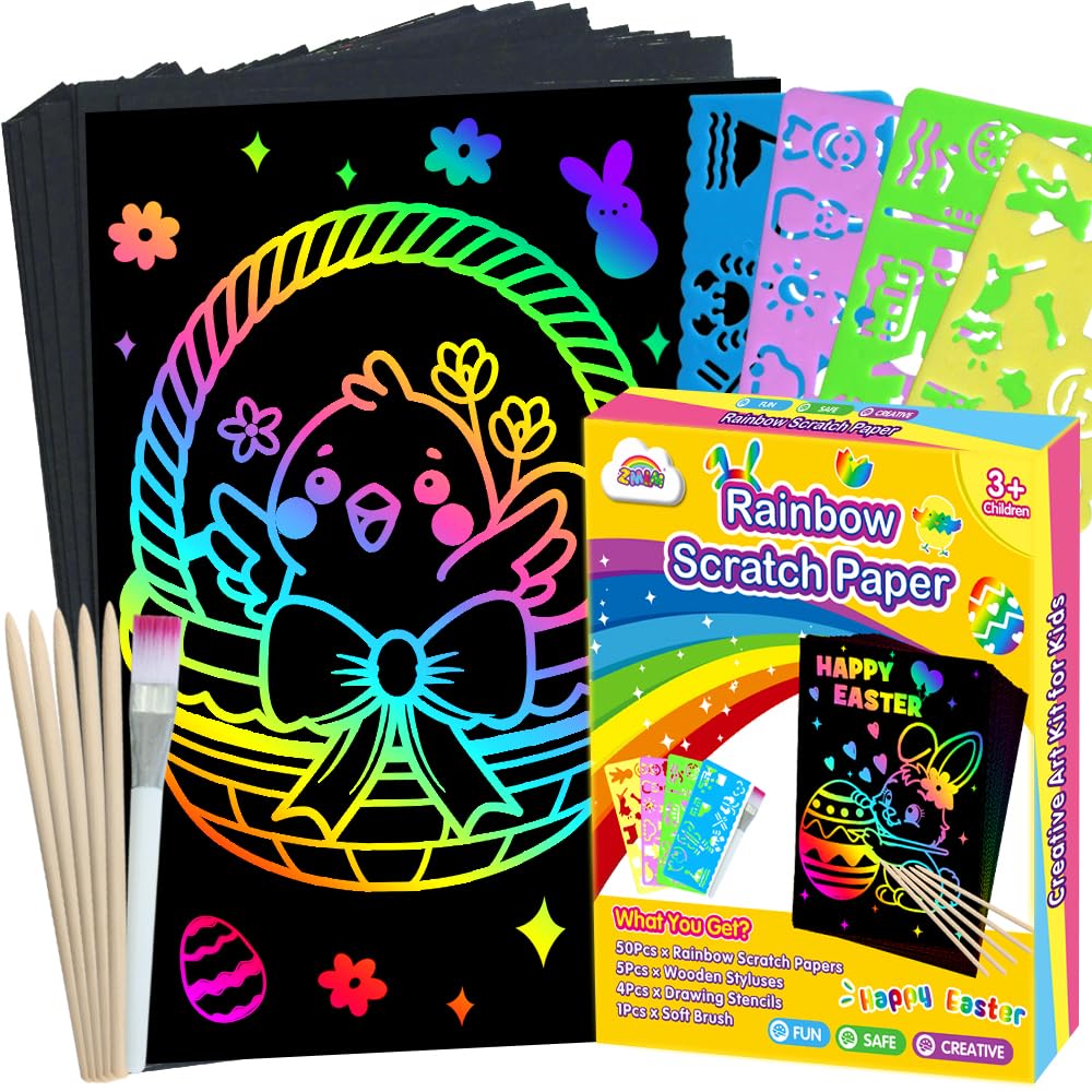 ZMLM Rainbow Scratch Easter Crafts - 60 Rainbow Scratch Paper for Girls Boys Toys Gifts, Arts and Crafts Gifts for Kids Activities, Scratch Art for Kids Easter Basket Stuffers Gift