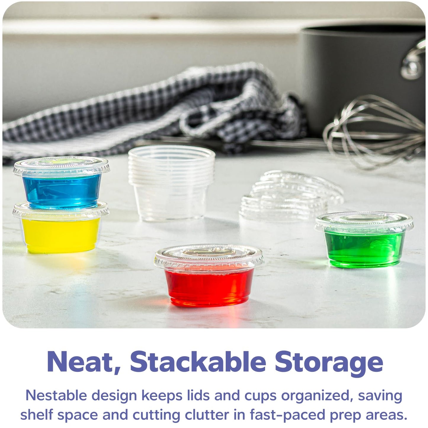 GUSTO [2 oz.-100] Count Clear Disposable Plastic Portion Cups with Lids - Soufflé Cups, Jello Shot Cups With Lids, Clear Plastic Containers Perfect for salad Dressing and More- Formerly Comfy Package