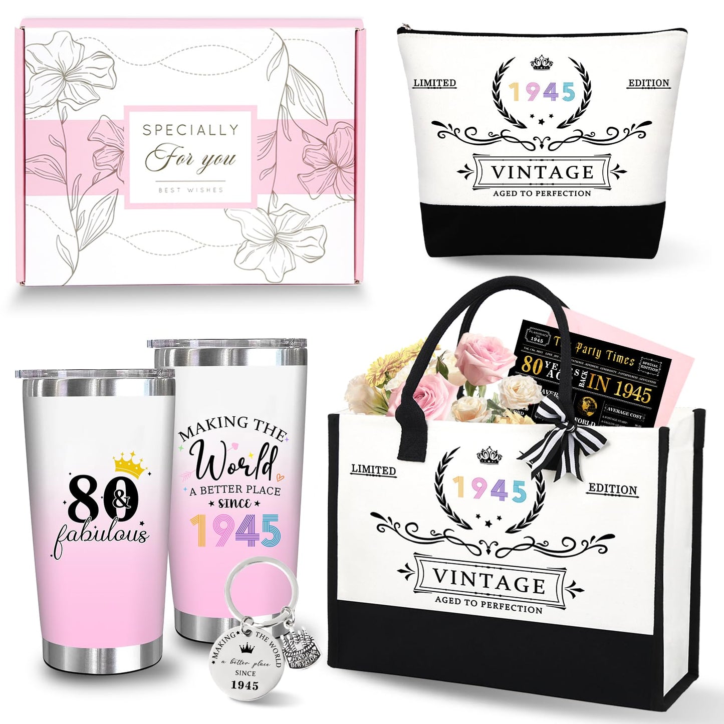 Unipinkart 80th 1945 Birthday Gifts for Women, 80 Year Old Birthday Fabulous Gifts for Women, Cool 80th Gift Canvas Tote Bag Set for Woman, Turning 80th Cup Gift Basket for Her Mom Sister Wife