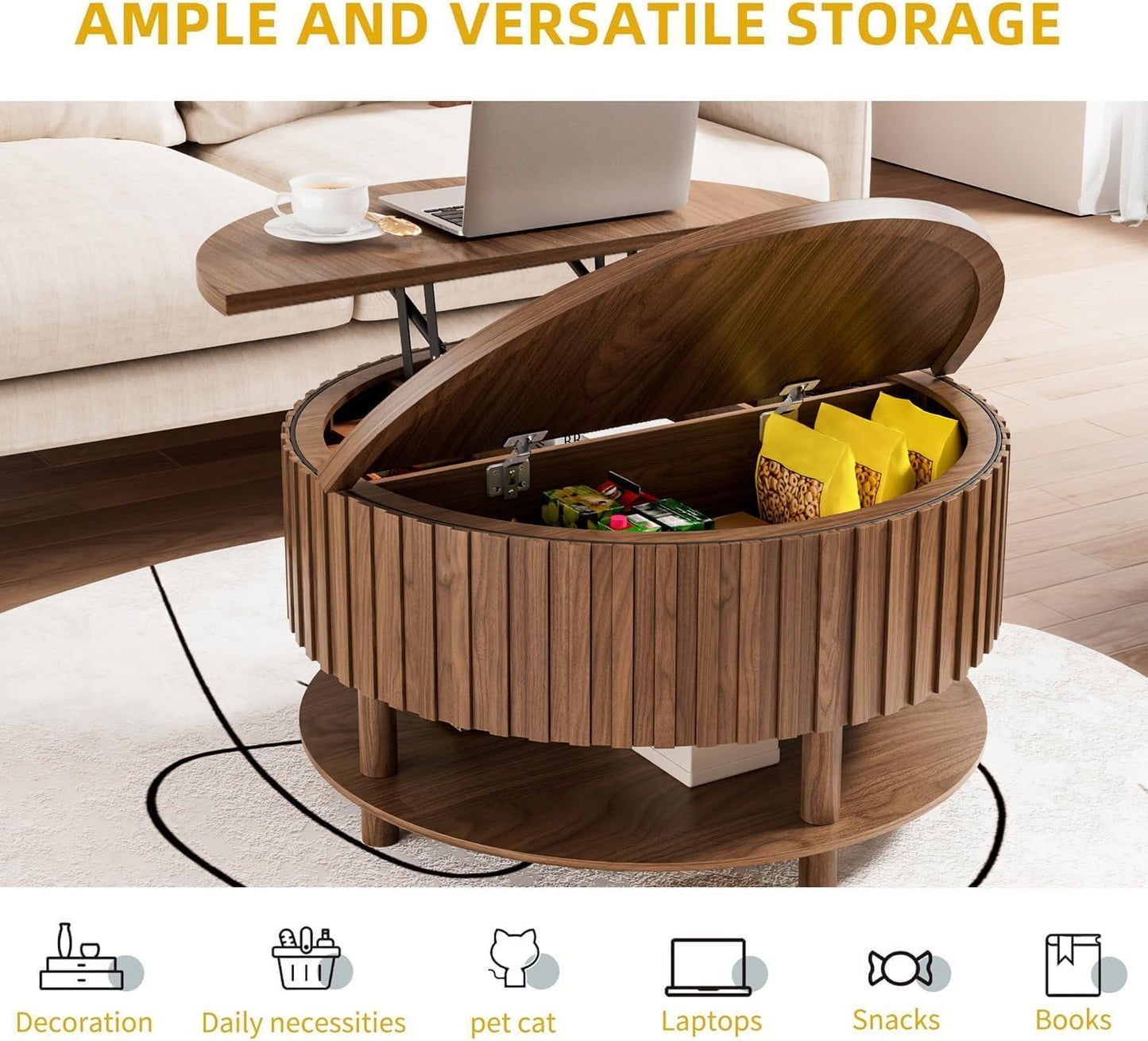 Limaoaio Round Lift Top Coffee Table with Storage, 31.5'' Modern 2-Tier Coffee Table with Hidden Storage Compartment and Open Shelf, Fluted Center Table for Living Room Home Office (Walnut)