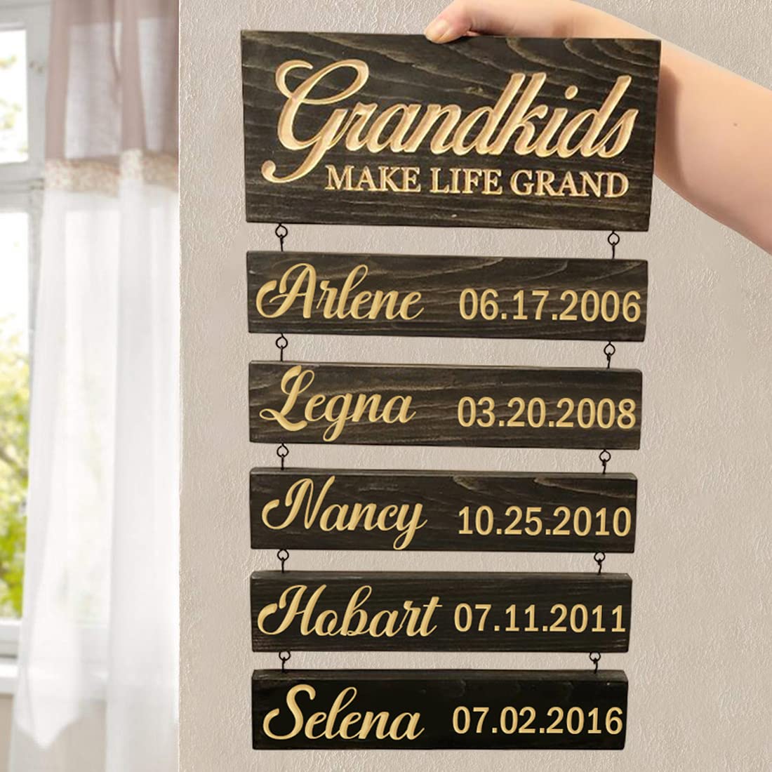 Amabery Happiness is Having Guandchildnen to Love Wood Sign Wall Hanging with 1-10 Names Birth Dates Personalized Grandparent Family Name Plaque Grandmother Grandfather Gift Ideas for Home