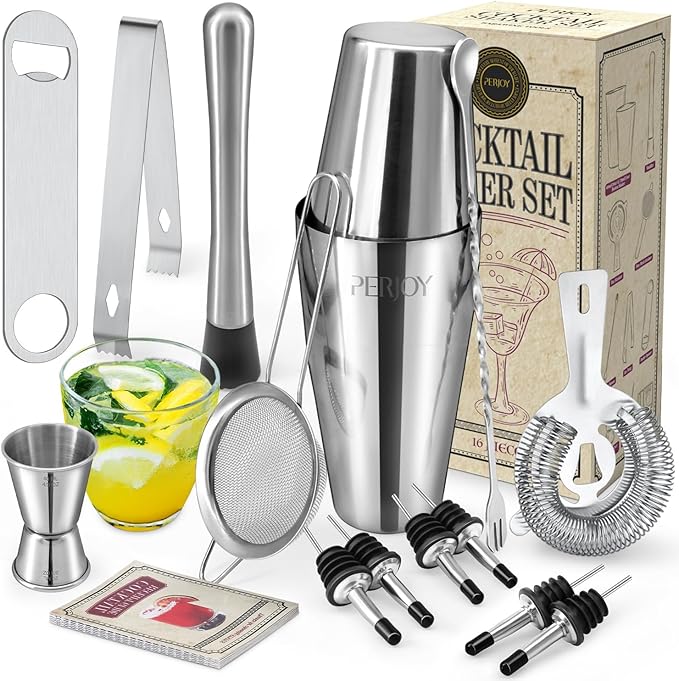 Perjoy Cocktail Shaker Set, 16 Piece Bartender Kit, Cocktail Shaker, Stainless Steel Bar Set Accessories, Coktail Set, Bos...