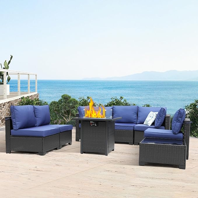 3D MATRIX 8 Pieces Patio Furniture Set with 28" Fire Pit Table, Wicker Outdoor Sectional Couch, Rattan Conversation Set for Backyard, Deck, Garden Lawn, Coffee/Blue