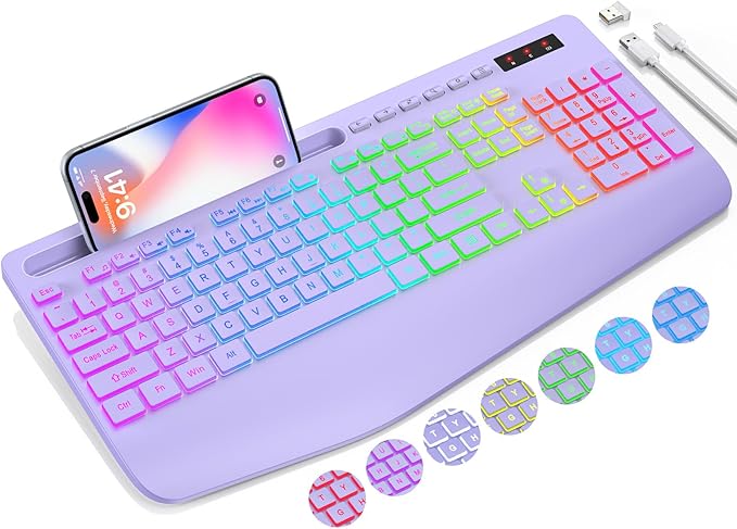 Wireless Keyboard with 9 Effects Backlits, Wrist Rest, Phone Holder, Rechargeable Ergonomic Computer Keyboard with Silent ...