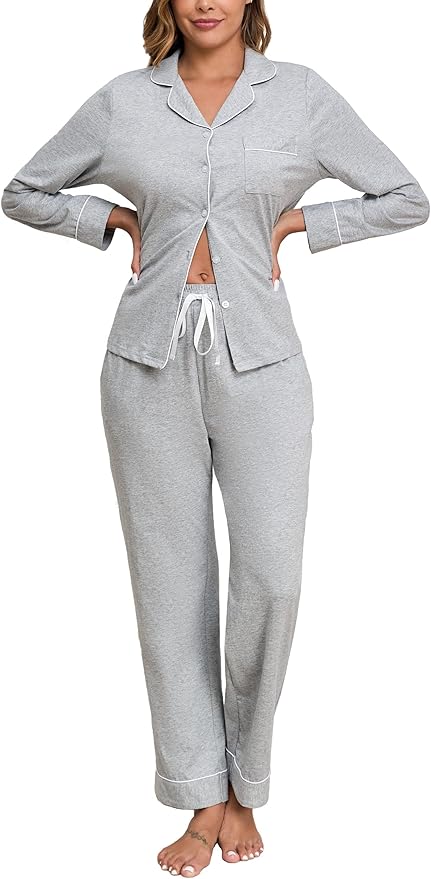Veseacky 100% Cotton Pajamas for Women Set Long Sleeve Button Down Sleepwear Soft Pjs Lounge Sets with Pockets XS-XXL