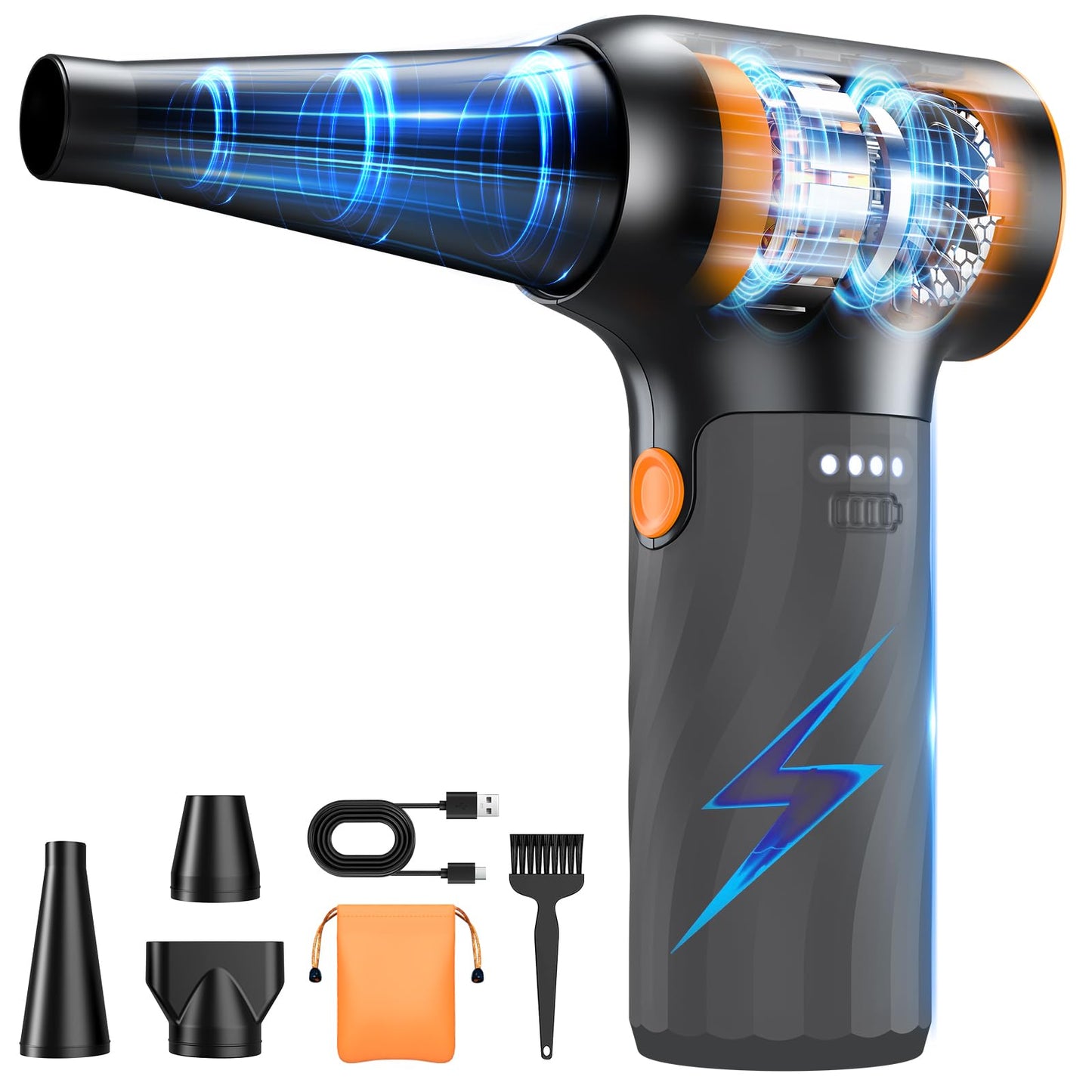 Compressed Air Duster, 260000RPM Cordless Electric Air Blower with Brushless Motor, 3-Speed Adjustable & Rechargeable – Powerful Dust Cleaner for Keyboard, Computer, Car, Outdoor, Air Bed