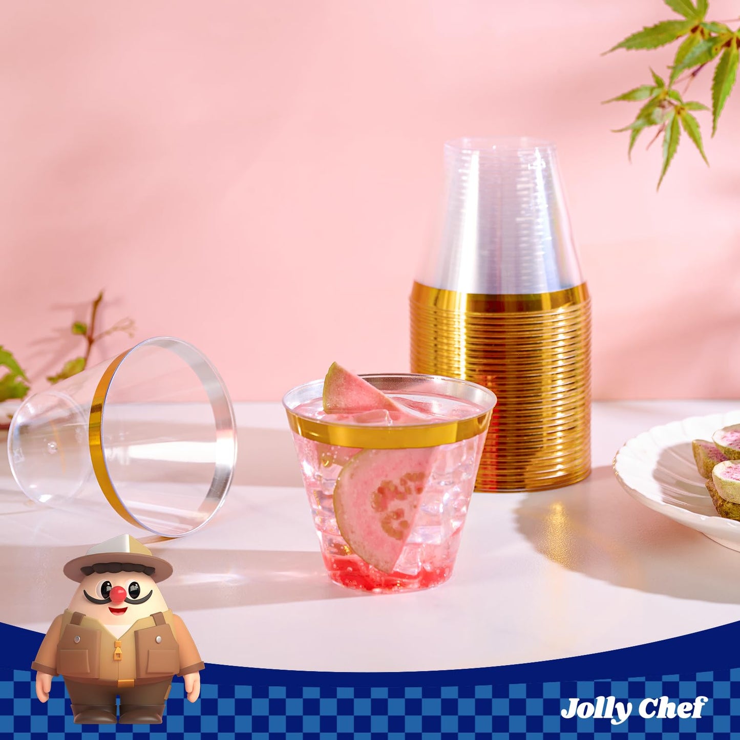 JOLLY CHEF 100 Pack Gold Plastic Cups, 9 oz Clear Plastic Tumblers, Elegant Gold Rimmed Cups, Disposable Glasses Perfect for Wedding, Thanksgiving Day, Christmas Party