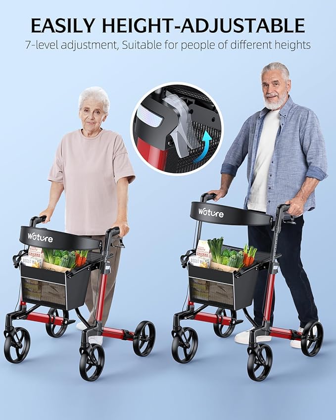 WOTURE Rollator Walker with Seat, Lightweight Rolling Walker, Foldable Rollator Walker for Seniors, 8" Big Wheels for All Terrain, Dual Height Adjustment, Only 16 Ib, Red