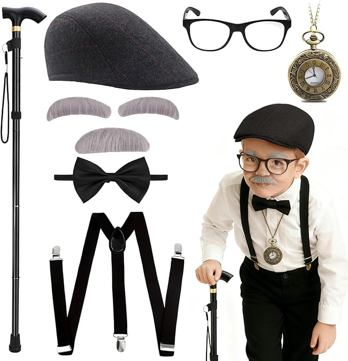 Yaliuliu Old Man Costume for Kids and Boys – 100 Days of School Costume Boys Dress Up, Grandpa Costume with Hat, Glasses, ...