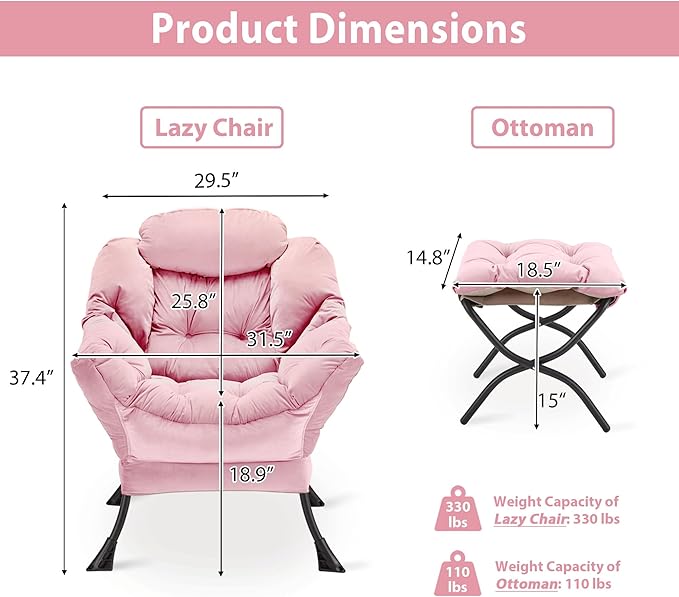 Youtanic Lazy Chair with Folding Ottoman, Accent Chair Velvet Upholstered with Metal Structure and Non-Slip Pads, Sofa Armchair with Footrest and Side Storage Bag for Dorm, Room, Office, Pink