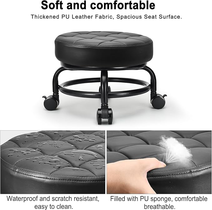 LWADALN Low Roller Seat Low Height Rolling Stool PU Leather Rolling Stool, Modern Rolling Chair for Home Office Garage Shop
