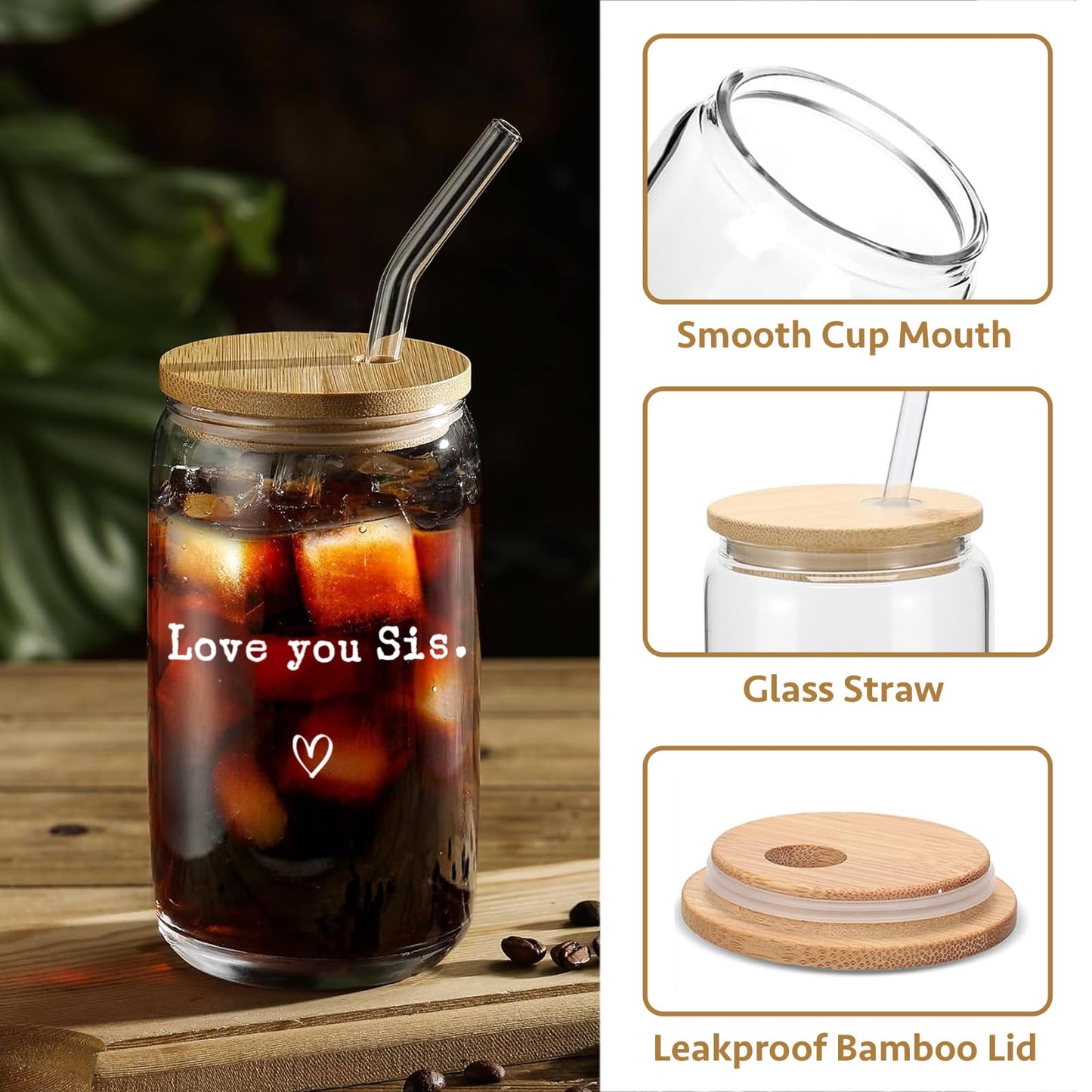 Mikopei Sister Gifts from Sister - Love You Sis Glass Cups with Lids and Straws, Best Big Soul Sisters Birthday Gifts for Women,Cute Iced Coffee Cup, 16 oz