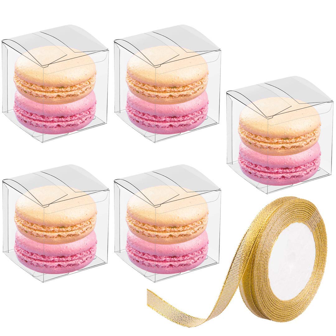 JOERSH 2x2x2 Inches Clear Boxes for Favors with Gift Ribbons, 120 PCS Mini Transparent Cube Wedding Baby Shower Birthday Party Favor Boxes, Small Gifts Display Individual Macaron Box