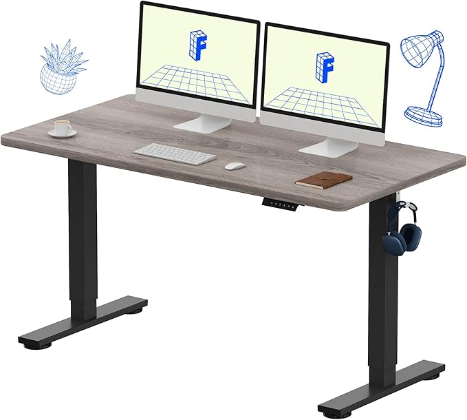 FLEXISPOT EN1 One-Piece Standing Desk with 1-Inch Thick Desktop, 55"x28" Electric Height Adjustable Desk for Home Office & Multi-Device Workstations, Gray Wood