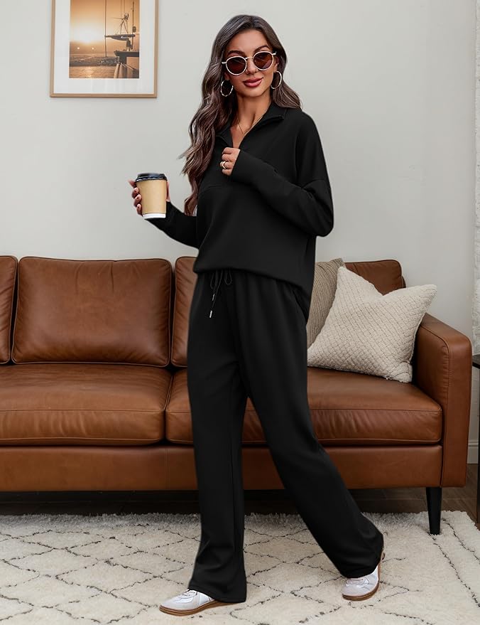 Totatuit Womens Sweatsuits 2 piece Set Lapel Half Zip Lightweight Sweatshirts and Wide Leg Pants Tracksuit Lounge Sets
