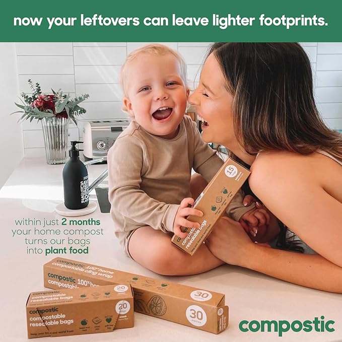 Compostic Home Compostable Resealable Snack Bags (6"x 3.5"), Microwave & Freezer Safe, Organic Food Storage Container, 200 Count