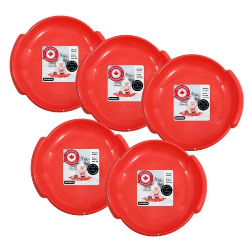 Superio Round Snow Saucer Sled- 24" Plastic Disc Sled for Kids and Adults- Heavy Duty Sled with Handles for Downhill Sledding, Winter Outdoor Sports (Red, 5 Pack)