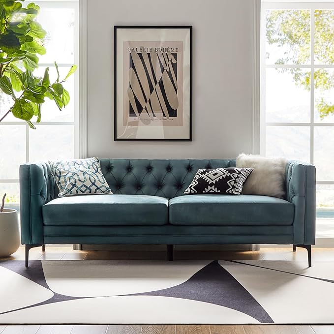 HULALA HOME 84" W Faux Leather Sofa, Mid Century Modern Couch with Metal Legs and Button Tufted, 3 Seater Contemporary Upholstered Couches for Living Room, Entertainment Area, Apartment, Blue