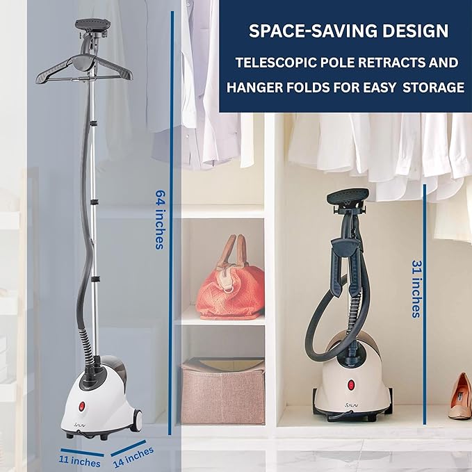 SALAV GS18 Full-Size Clothes Steamer - 1500W Power, 1.8L Water Tank, 60-Min Garment Steam, Iron Clothing, Adjustable Pole & Wheels for Easy Storage, Professional Standing Steamer for Clothes, White