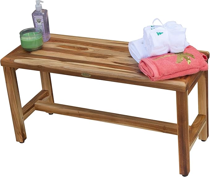 EcoDecors Eleganto 35 Inch Natural Color Waterproof Teak Wood Shower Bench Stool Seat Chair For Inside Shower Provides Safety, Storage, and Organization For Bathroom Accessories