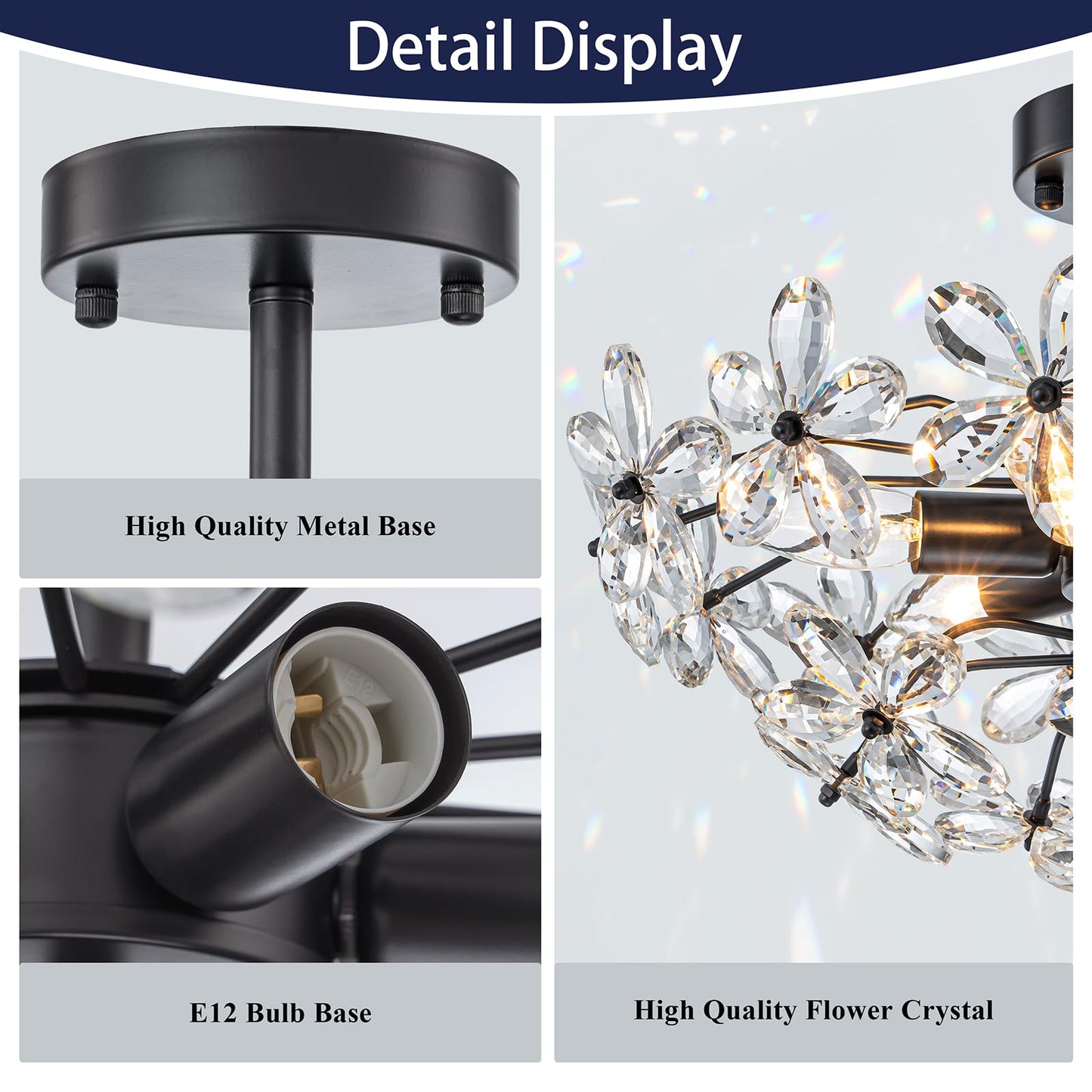 LOZOHOM Black Flower Ceiling Light,Crystal Closet Ceiling Light Fixtures,17.7" 6-Light Modern Flush Mount Chandelier for Bedroom Dining Room Hallway Living Room Entryway Foyer