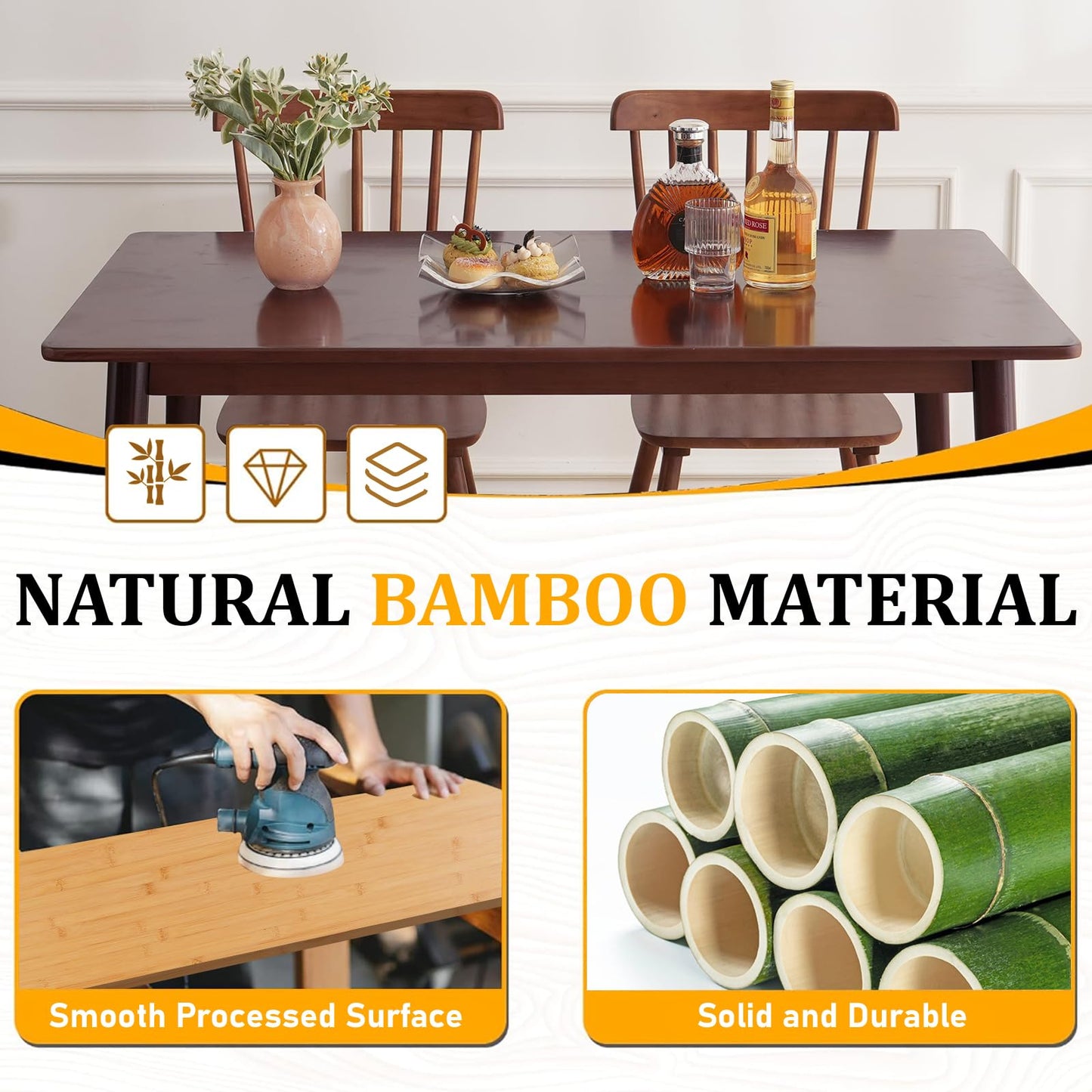 BAKEVE Bamboo Dining Table for 4-6 Person- 47.2'' Solid Wood Kitchen Table, Farmhouse Rectangular Dining Room Table, Mid Century Modern Desk for Living Room, Kitchen, Walnut, FSC-Certified Bamboo