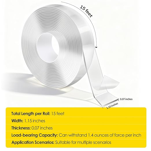 2 Rolls Heavy Duty Double Sided Mounting Tape - 1.2 Inches Wide, 0.07 Inches Thick, 15FT/Roll - Removable, Residue-Free for Home/Office/Outdoor