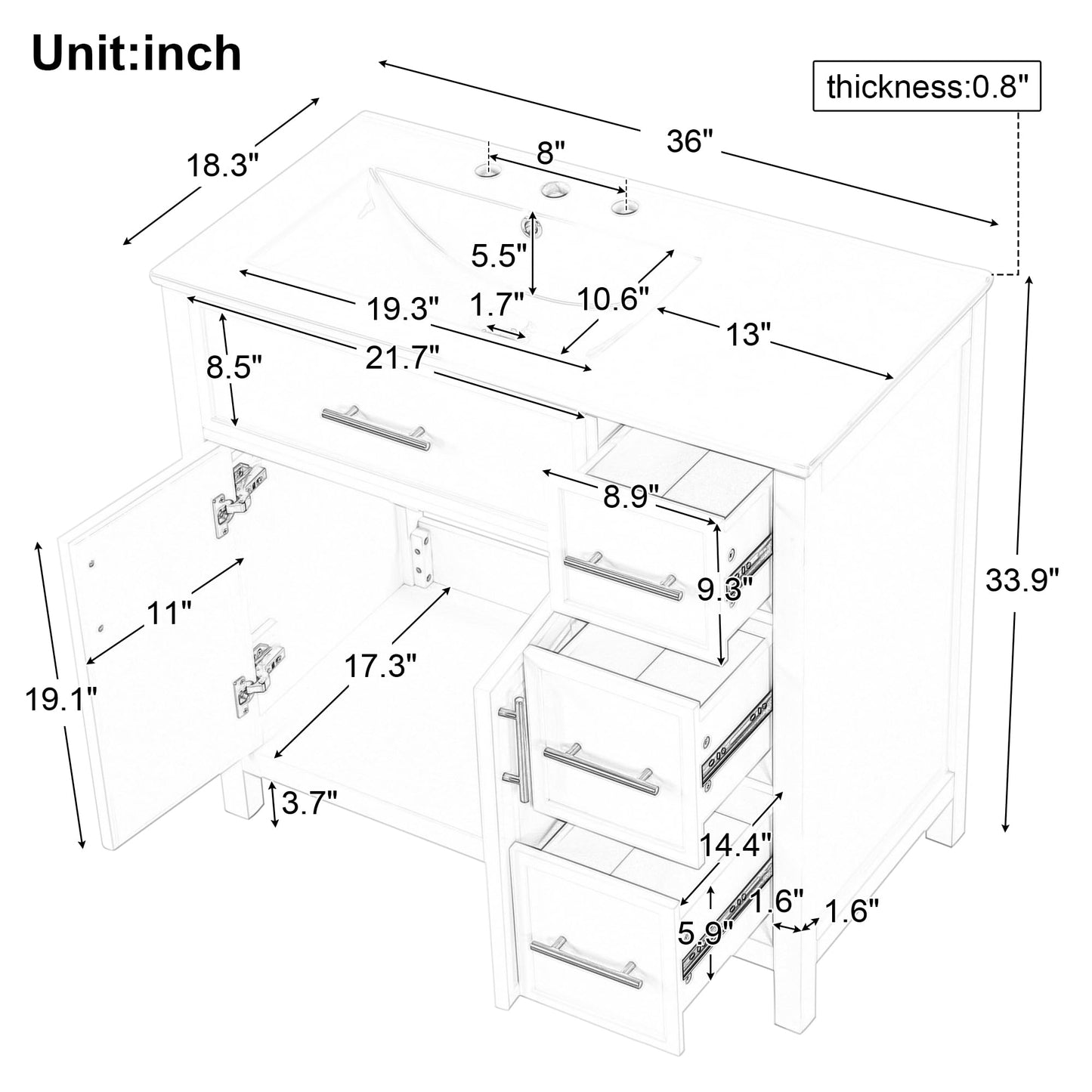 Favfurish 36" Bathroom Vanity with Sink Combo,Bathroom Vanity Cabinet with Two Soft-Closing Doors and Four Drawers,Free Stading Vanities w/Gold Handler,for Bathroom,Easy Assembly,White