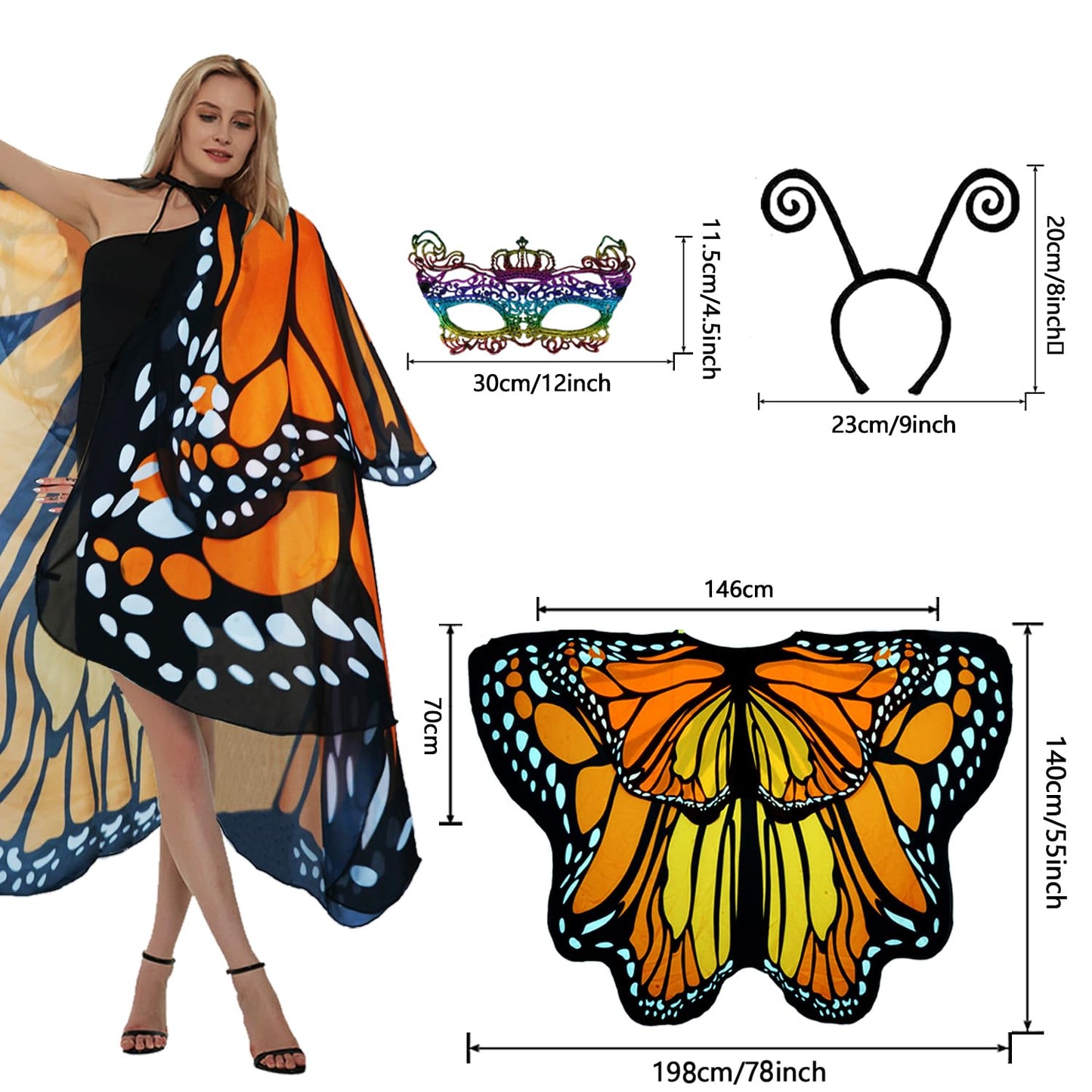 Halloween Costumes for Women Adult Double-Sided Butterfly Costumes Wing Cape Shawl 3Pcs （Orange & Yellow）