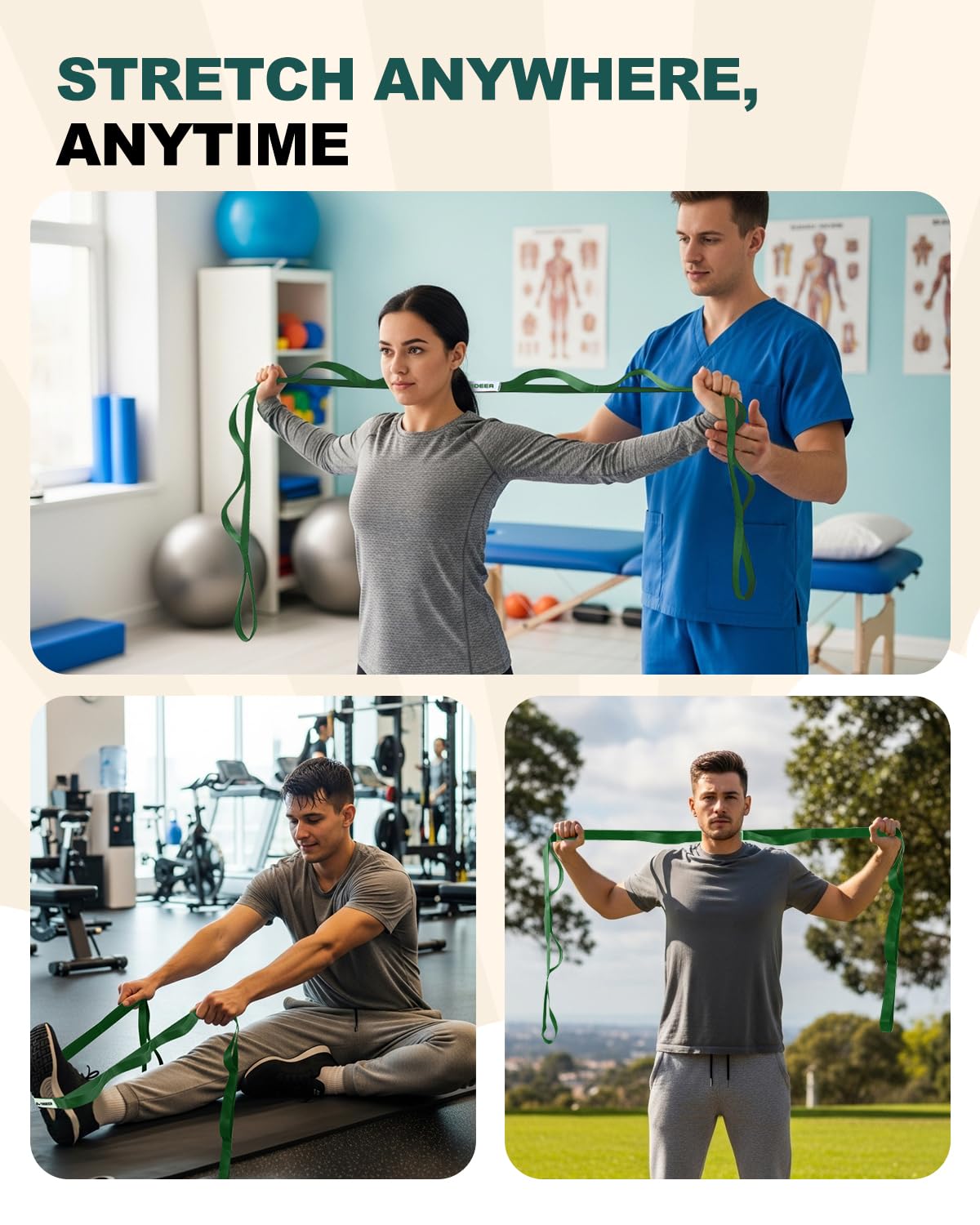 Trideer Stretching Strap Yoga Strap Physical Therapy for Home Workout, Exercise, Pilates and Gymnastics, 10 Loops Non-Elastic Stretch Bands with Aesthetic Packaging for Women & Men (Green)