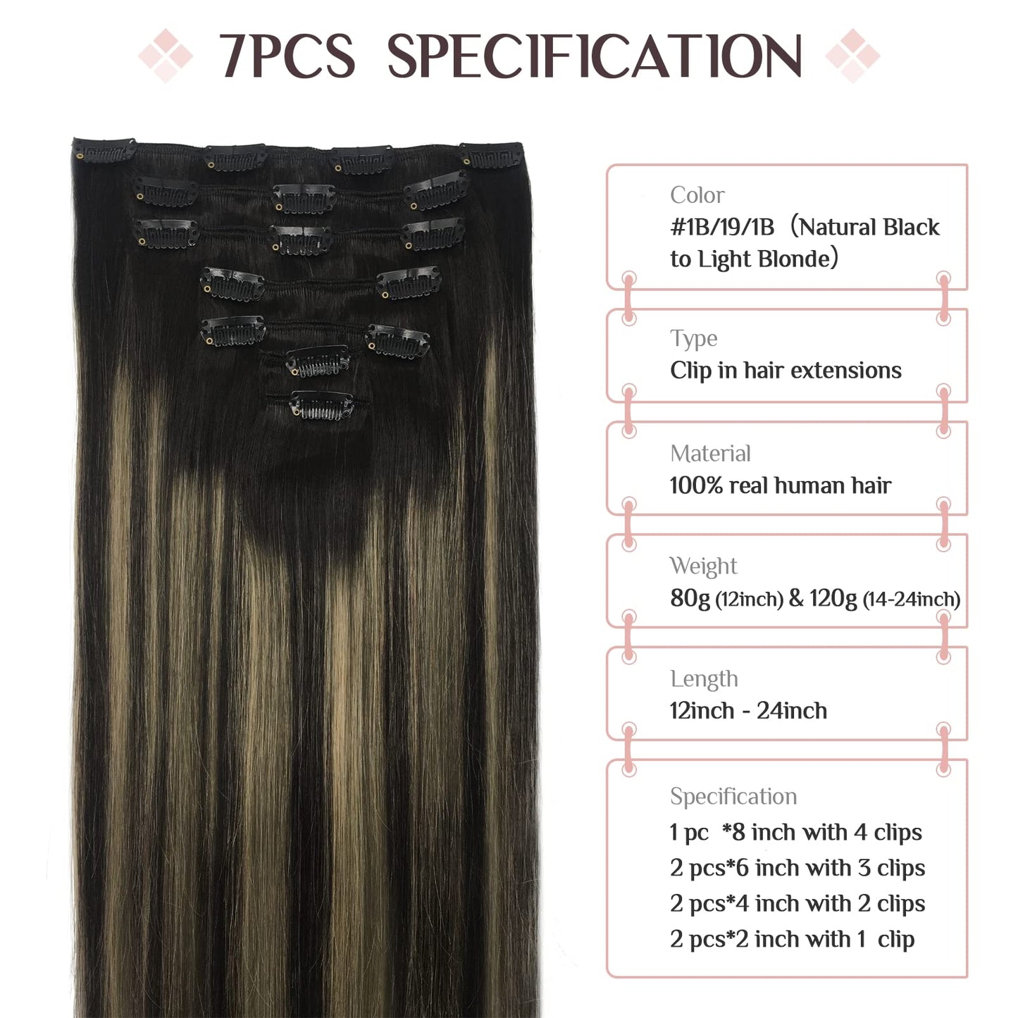Hair Extensions Real Human Hair, 22 Inch 120g 7pcs, Balayage Natural Black to Light Blonde, MAXITA Clip in Hair Extensions Remy