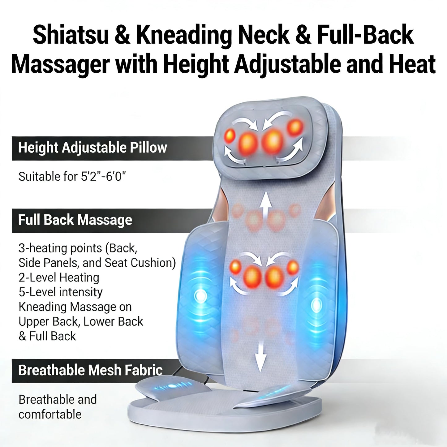 Ethereal Wellness Shiatsu Massage Chair with Heat, Full Back Shiatsu & Rolling, Comfortable Massage Chair Pad for Stress Relief, Gift for her/him, Office and Home.Gray.