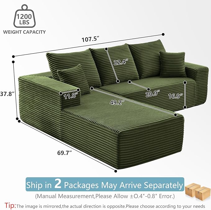 107" W Cloud Sectional Couch with L-Shape Chaise, Modern Corduroy Boneless Couch for Living Room,Memory Foam Sofa with Deep Seat,No Assembly Required (Green,Left-Facing Chaise)