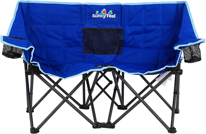 SUNNYFEEL Kids Folding Double Camping Chair, Portable Kids Camping Chairs 2 Seat Chair, Blue Padded Foldable Lawn Chairs w...