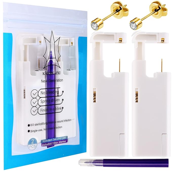2Pcs Ear Piercing Kit Automatic And Painless Ear Nail Gun Disposable Aseptic Household Ear Piercing Gun Portable Ear Piercing Gun Group Ear Piercing Tools (4mm, Golden)