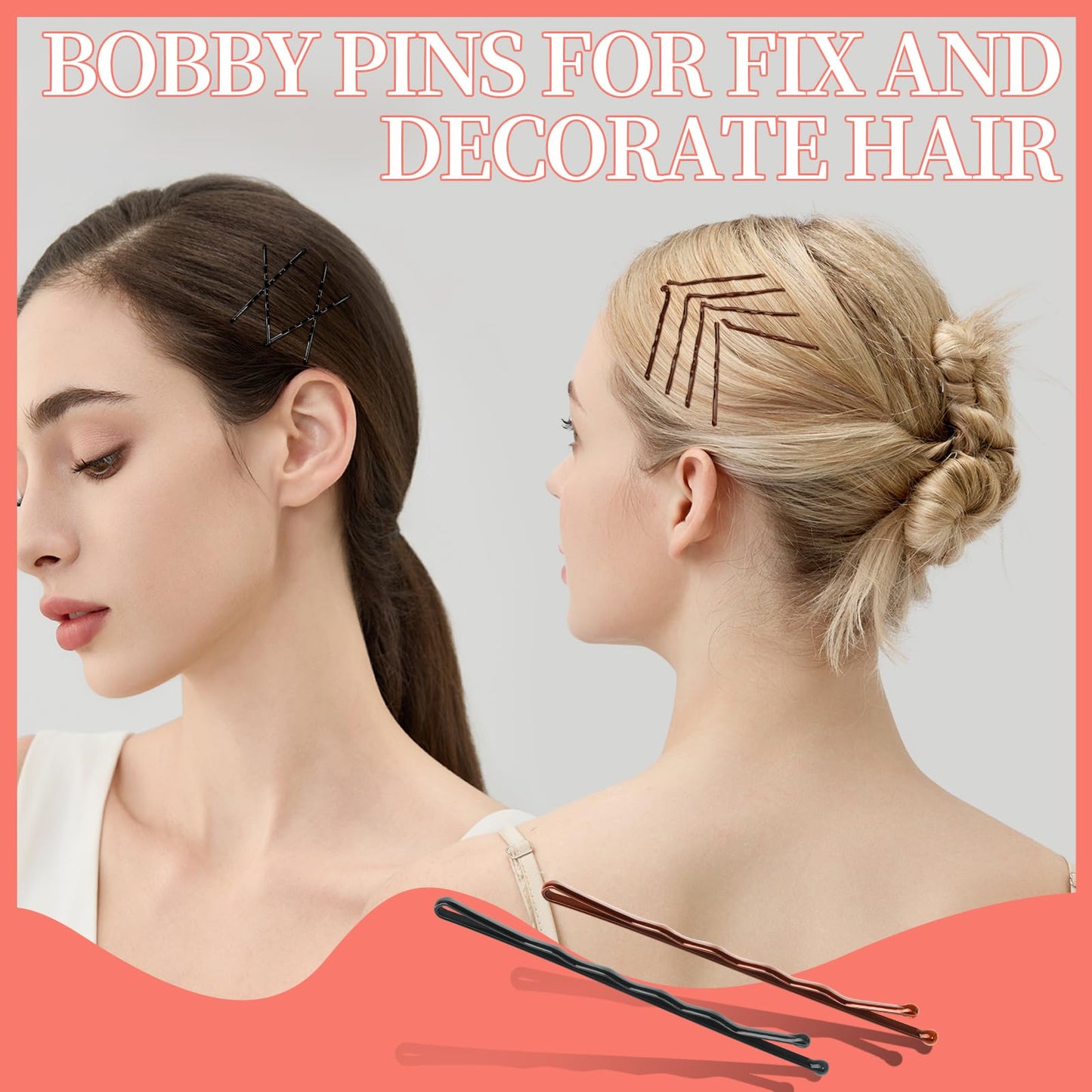 Teenitor 300pcs Bobby Pins Hair Pins, 100 Hair Pins 100 Bobby Pins Brown Hair Black for Women 100 Hair Bands 2inch 2.36inch 2.75