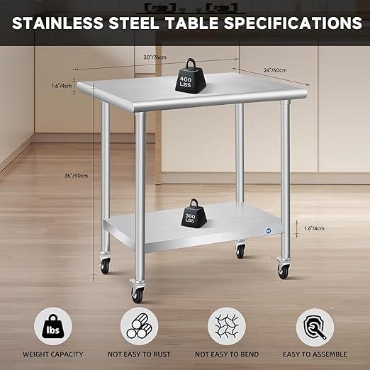 PIUMACU Stainless Steel Table with Wheels, Stainless Table for Prep & Work, 24x30x35 Inch Commercial NSF Metal Table for Restaurant Kitchen Hotel Garage