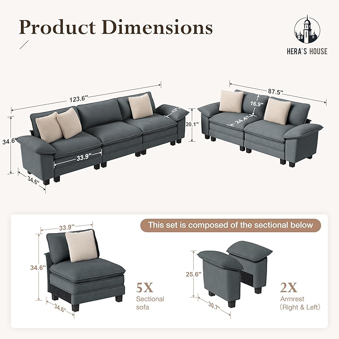 HERA'S HOUSE 2 Pieces Modular Sectional Sofa Sets, Oversized Couch Set with Loveseats, Comfy Cloud Couches with Throw Pillows, 5-Seater Deep Seat Sofa for Living Room, Chenille Blue