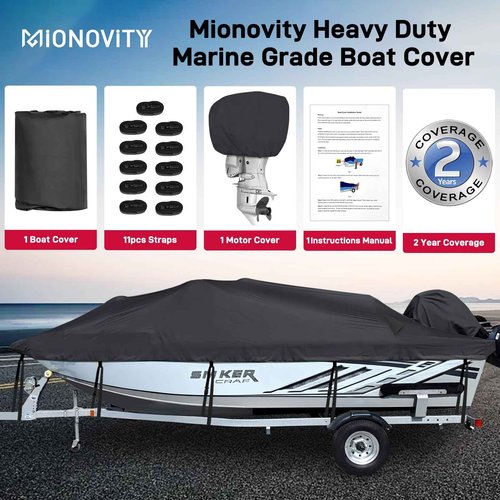 Mionovity Bass Boat Cover 16-18.5 ft, 800D Canvas Heavy Duty Waterproof Boat Cover 16 17 18 Foot（16' 17' 18.5' with Motor Cover, Fits V-Hull,Fishing,Runabout Bowrider Boat