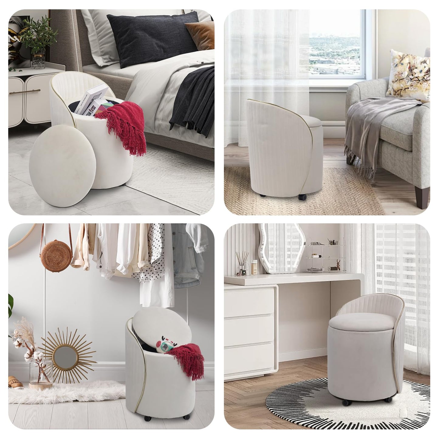 KLASIKA Round Storage Ottoman, Upholstered Velvet Vanity Stool with Lumbar Support, Swivel Rolling Wheels, Small Foot Stools Coffee Table Padded Seat for Makeup Room, Living Room, Bedroom Beige