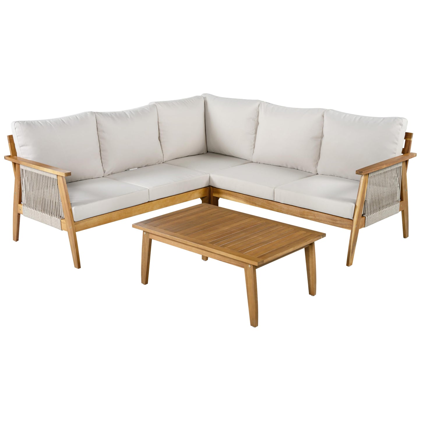 Christopher Knight Home Outdoor 4 Piece Patio Sectional Sofa Set with Acacia Wood Frame and Rope Weave Design, Cushioned Corner Seating Set with Coffee Table for Garden Patio Deck, Teak and Beige