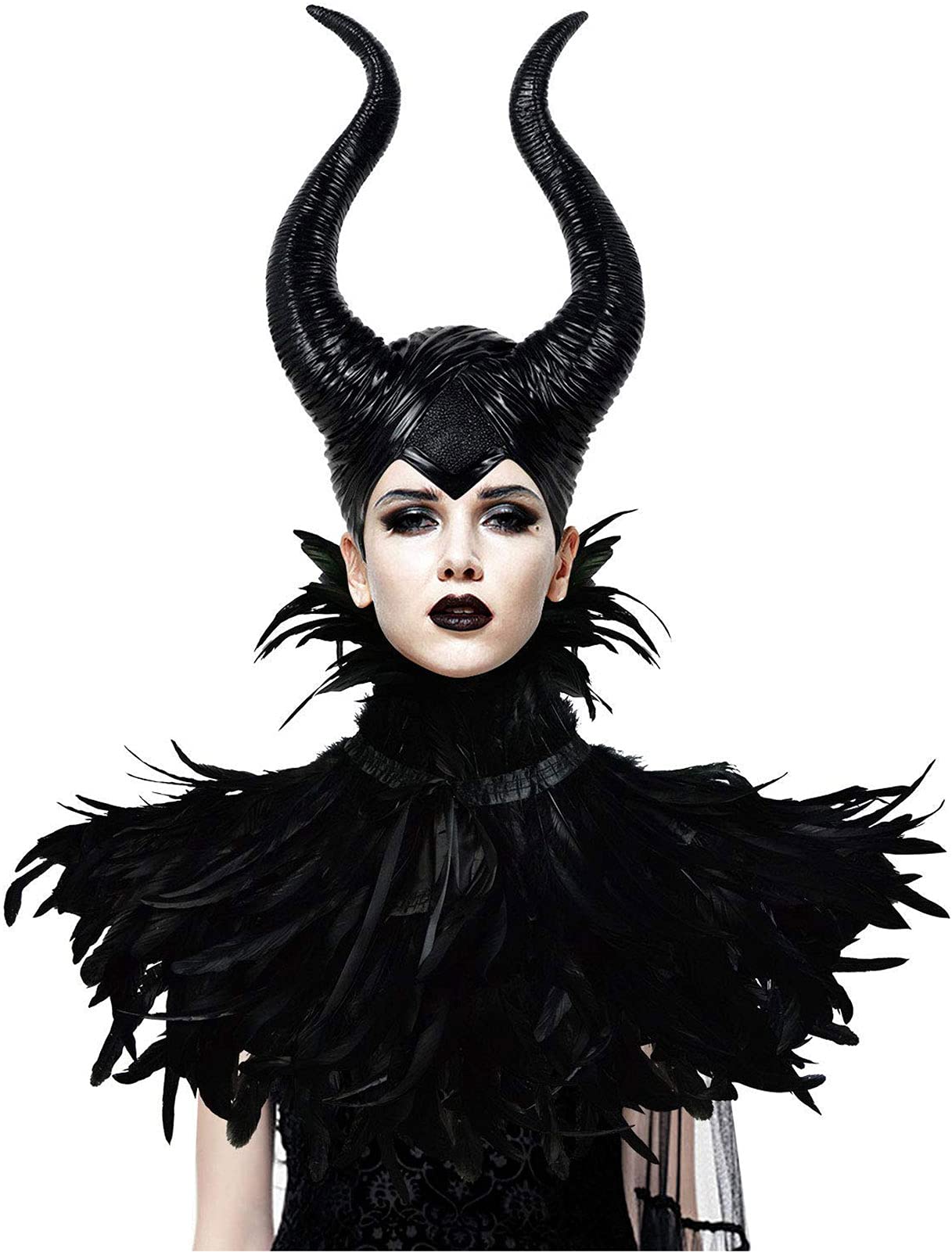 HOMELEX Evil Queen Feather Horns Costume for Women Black Cape Halloween Headpiece Shawl Accessories