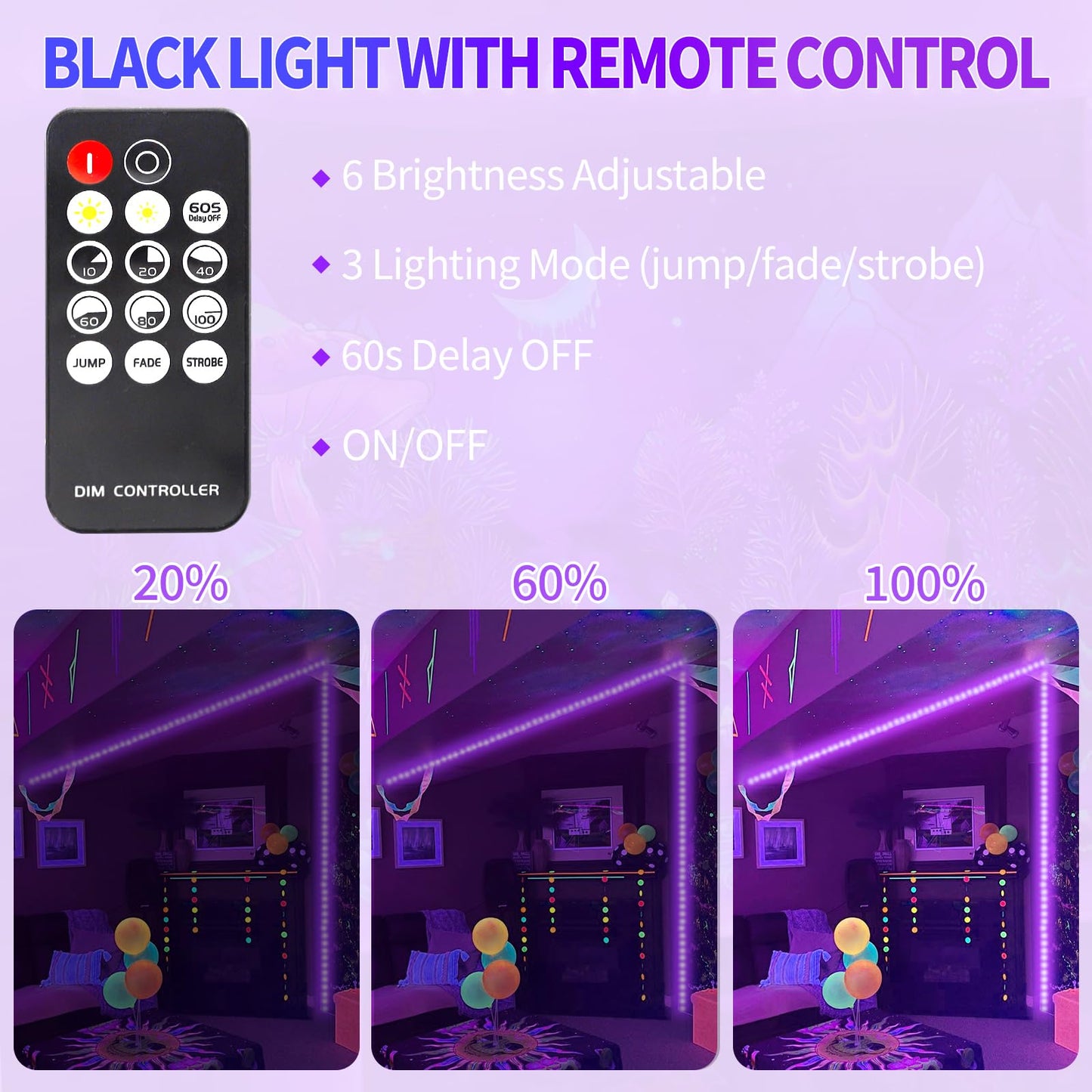 SHGPODA 66 Foot Black Light Strip & Remote, 1200LEDs, Dimmable 12V Flexible Black Lights for Glow Party, Bedroom, Halloween, Fluorescent Tapestry Poster, 3 Lighting Modes, Non-Waterproof